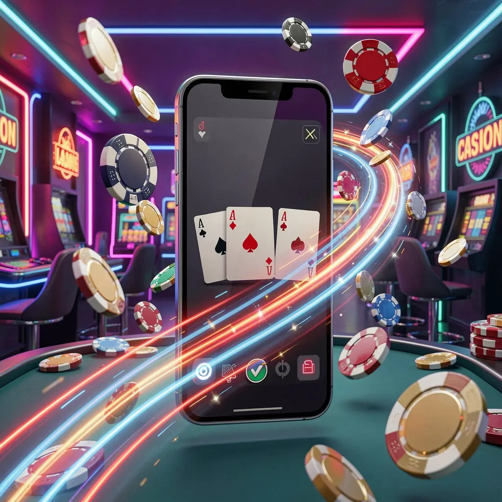 Smartphone displaying the TOP003 fast casino app with speed light trails, coins and chips flying around against a modern neon casino background in a dynamic 3D render