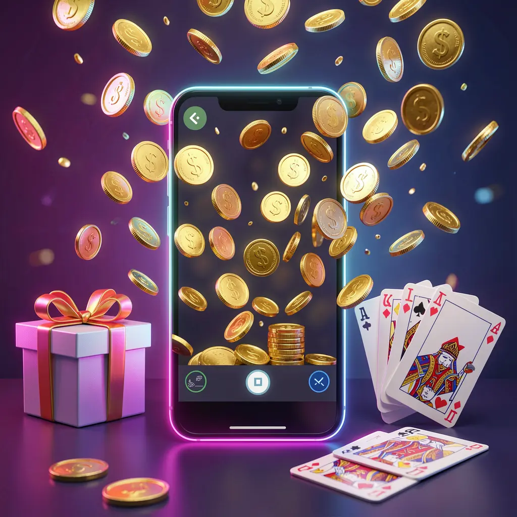 Mobile casino bonus banner featuring a smartphone with coins bursting from the screen, a gift box and cards nearby, all illuminated by a bright neon glow, showcasing TOP003's premium realistic 3D render style