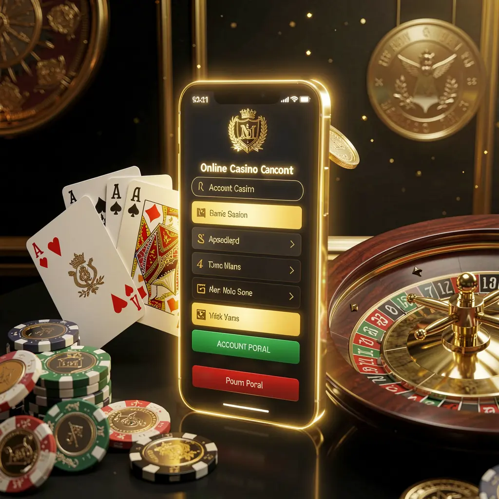 TOP003 online casino account portal displayed on a glowing smartphone with premium cards, chips, roulette wheel, and coins against a black and gold background with cinematic lighting
