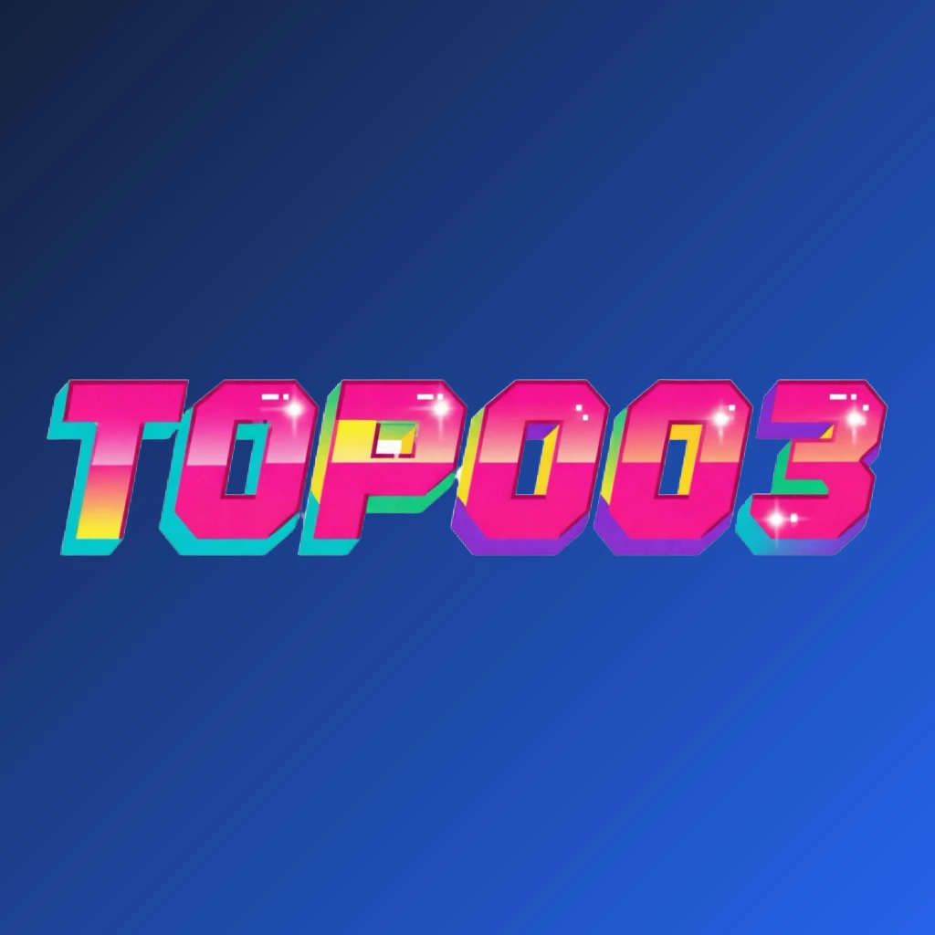 Bold arcade-style logo with the text TOP003 in chunky retro typography featuring bright pink, turquoise, yellow, and purple colors, creating a vibrant gaming atmosphere on a transparent background