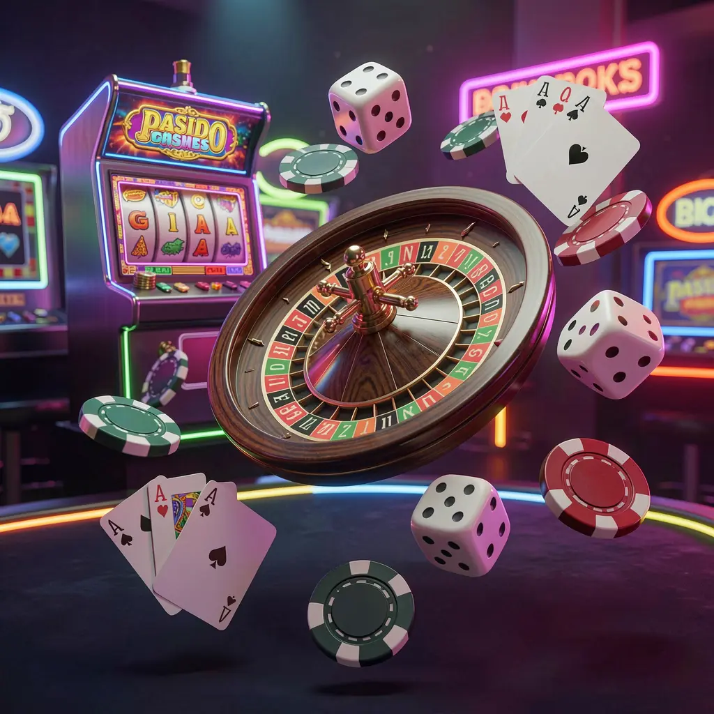 TOP003 casino games collection homepage visual featuring a slot machine, roulette wheel, dice, playing cards, and poker chips floating together with colorful neon lights in a premium 3D render
